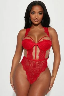 Fashion Nova Sexy Sleepwear Soft Girl Lace Sheer Teddy - Red