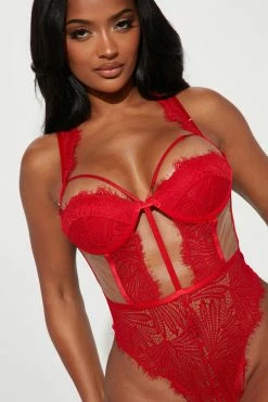 Fashion Nova Sexy Sleepwear Soft Girl Lace Sheer Teddy - Red