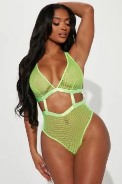 Fashion Nova Sexy Sleepwear Soft Glow Fishnet Teddy - Green