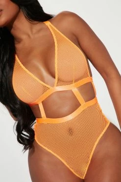 Fashion Nova Soft Glow Fishnet Teddy - Orange Sexy Sleepwear