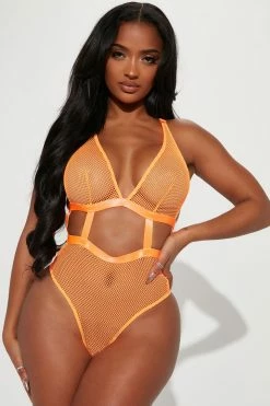 Fashion Nova Soft Glow Fishnet Teddy - Orange Sexy Sleepwear