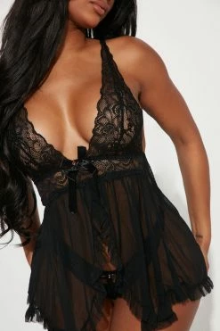 Fashion Nova Sexy Sleepwear Stop Calling Lace Babydoll - Black