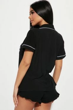 Fashion Nova Sleepy Head PJ Short Set - Black Pajama Sets