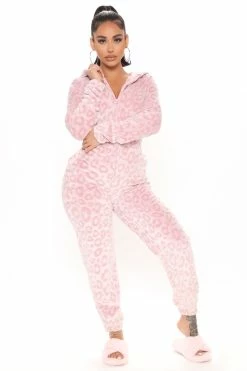 Fashion Nova Cozy Leopard PJ Jumpsuit Onesie - Pink Pajama Rompers & Jumpsuits