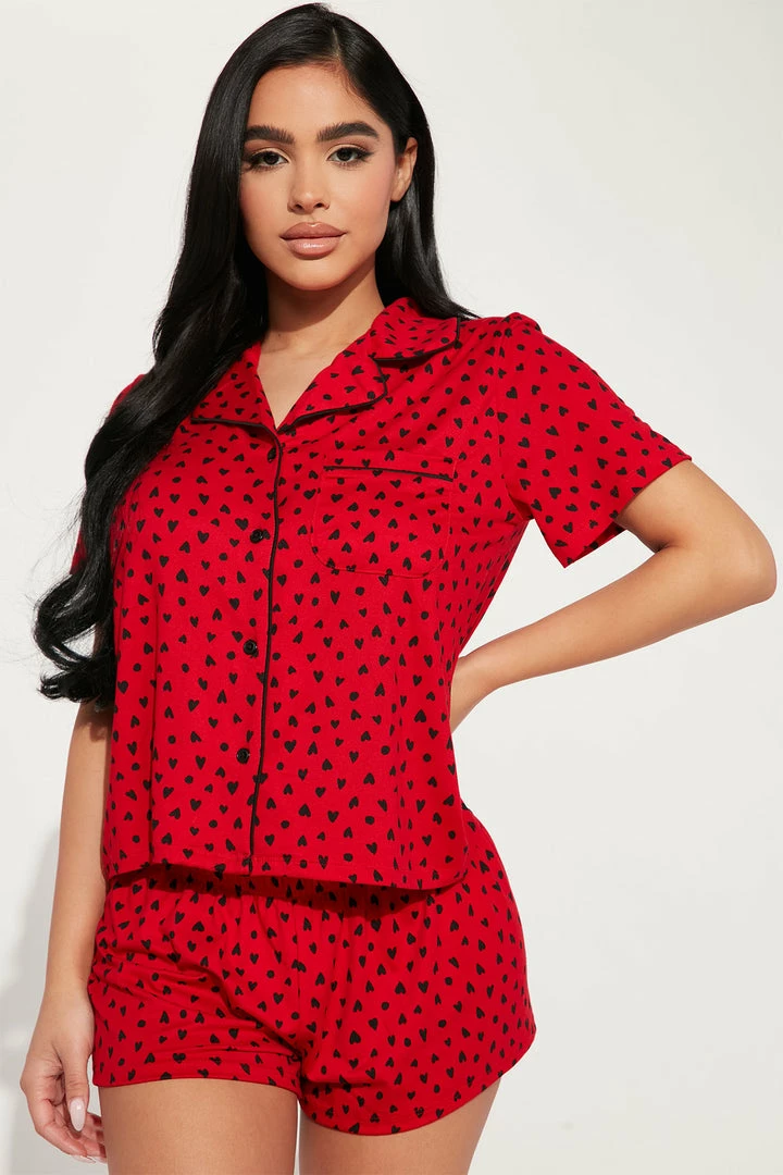 Fashion Nova Pajama Sets Giving My Heart PJ Short Set - Red/Black