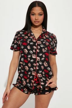 Fashion Nova Pajama Sets Queen Crowns PJ Short Set - Black/combo