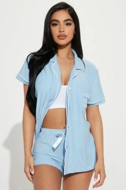 Fashion Nova Pajama Sets Never Disturb PJ Short Set -Dusty Blue