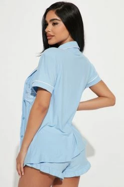 Fashion Nova Pajama Sets Never Disturb PJ Short Set -Dusty Blue