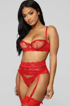 Fashion Nova Innocent Touch 3 Piece Set - Red Sexy Sleepwear