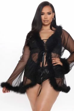 Fashion Nova Softest Touch Fluff Mesh Robe - Black