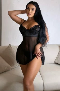 Fashion Nova Sexy Sleepwear All Night Long 2 Piece Babydoll Set - Black