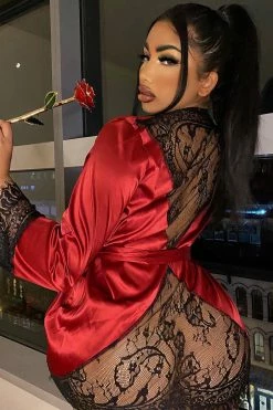 Fashion Nova Bring Your Passion Lace Satin Robe - Red/Black Sexy Sleepwear