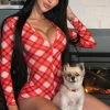 Fashion Nova Check Me Out PJ Romper Onesie - Red/combo Pajama Rompers & Jumpsuits