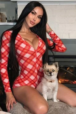 Fashion Nova Check Me Out PJ Romper Onesie - Red/combo Pajama Rompers & Jumpsuits