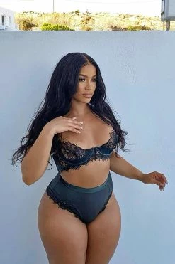 Fashion Nova Flirty Cuddles Ribbed Lace 2 Piece Set - Black/Black Sexy Sleepwear