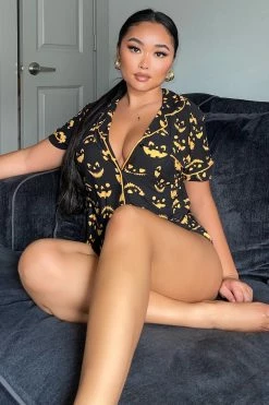 Fashion Nova Pajama Sets Gleaming Pumpkins Halloween PJ Set - Black/Orange