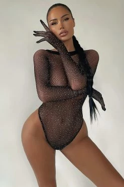 Fashion Nova Sexy Sleepwear Glow Up Rhinestone Teddy - Black