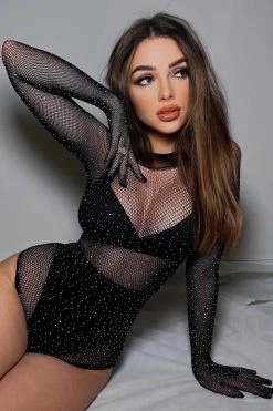 Fashion Nova Sexy Sleepwear Glow Up Rhinestone Teddy - Black