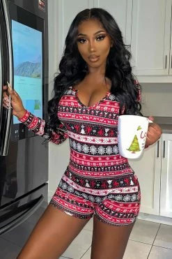 Fashion Nova Home For The Holidays Sleep Romper - Black/combo