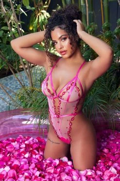 Fashion Nova Kissy Kissy Sheer Embroidered Teddy - Hot Pink