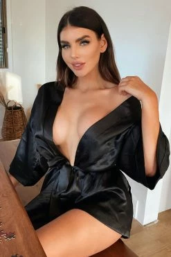 Fashion Nova Sexy Sleepwear Lotus Robe - Black