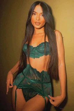 Fashion Nova Never Ending Love Lace Garter 3 Piece Set - Hunter