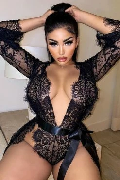 Fashion Nova No Turning Back Lace Teddy And Robe Set - Black