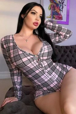 Fashion Nova Pajama Rompers & Jumpsuits Plaid The Game Long Sleeve Romper PJ Onesie - Pink/combo