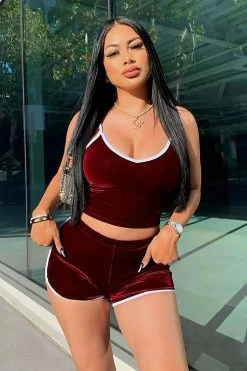 Fashion Nova Pajama Sets She's A Flirt Velvet Short Set - Burgundy