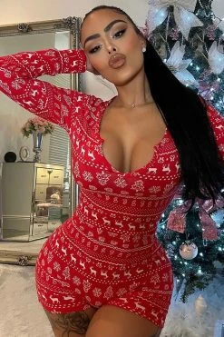 Fashion Nova Sleigh Bells Ring Sleep Romper - Red/combo Pajama Rompers & Jumpsuits