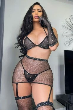 Fashion Nova Sexy Sleepwear Sparkle And Shine Rhinestone 5 Piece Set - Black