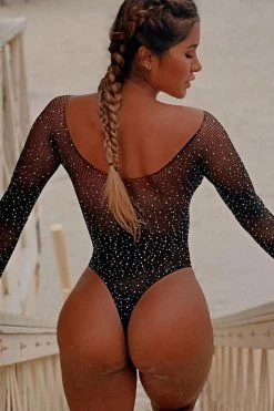 Fashion Nova Sexy Sleepwear Sparkle Bright Rhinestone Teddy - Black