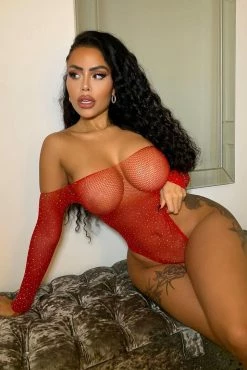 Fashion Nova Sparkle Bright Rhinestone Teddy - Red Sexy Sleepwear