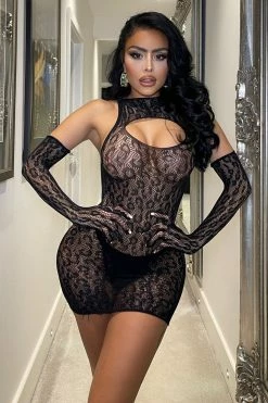 Fashion Nova Wild On Camera Leopard Bodystocking Set - Black Sexy Sleepwear